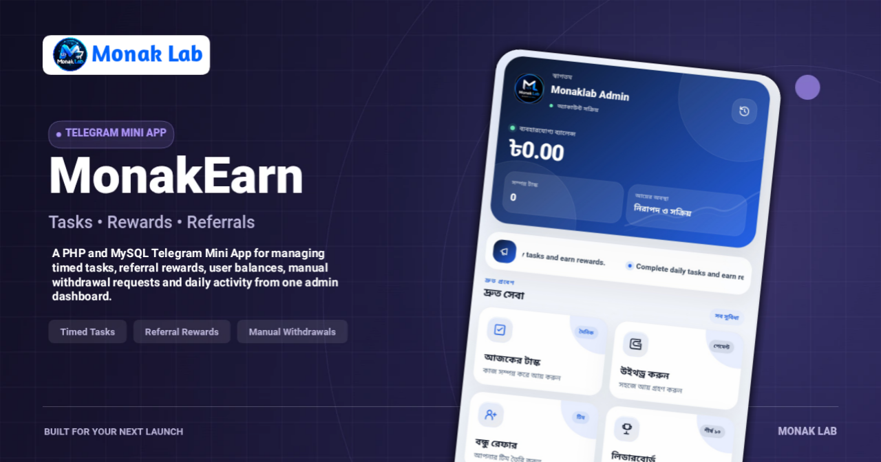 MonakEarn – Telegram Task & Rewards Mini App | PHP & MySQL product thumbnail